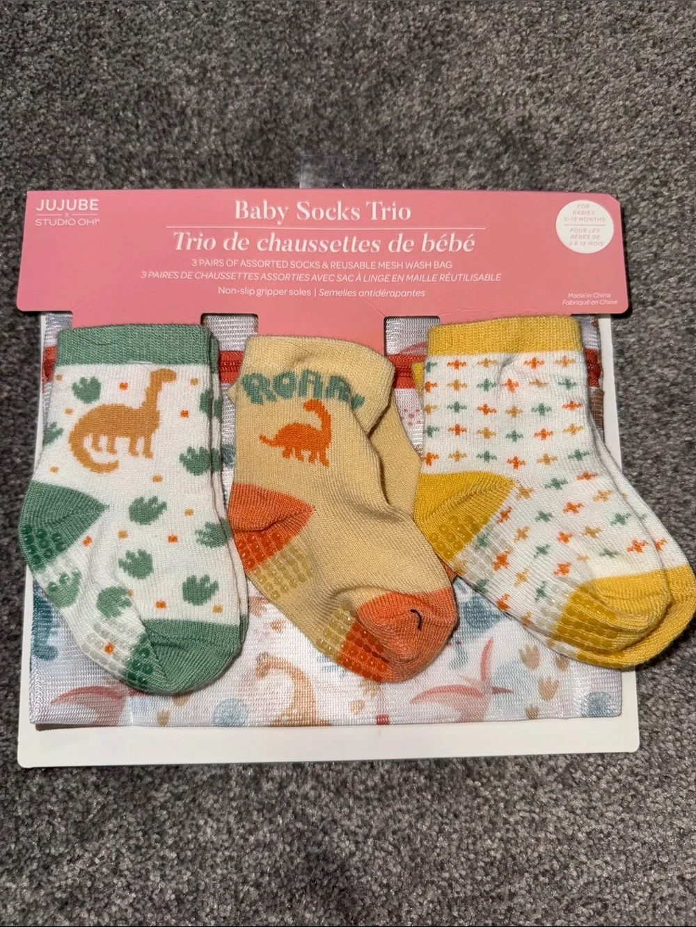 Baby Sock Trio with Dino Print (Green, Yellow, Orange)